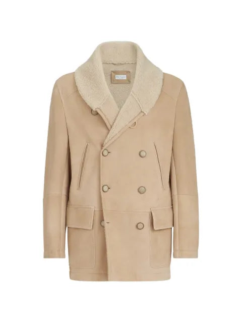 Brunello Cucinelli suede curly shearling pea coat with shawl collar