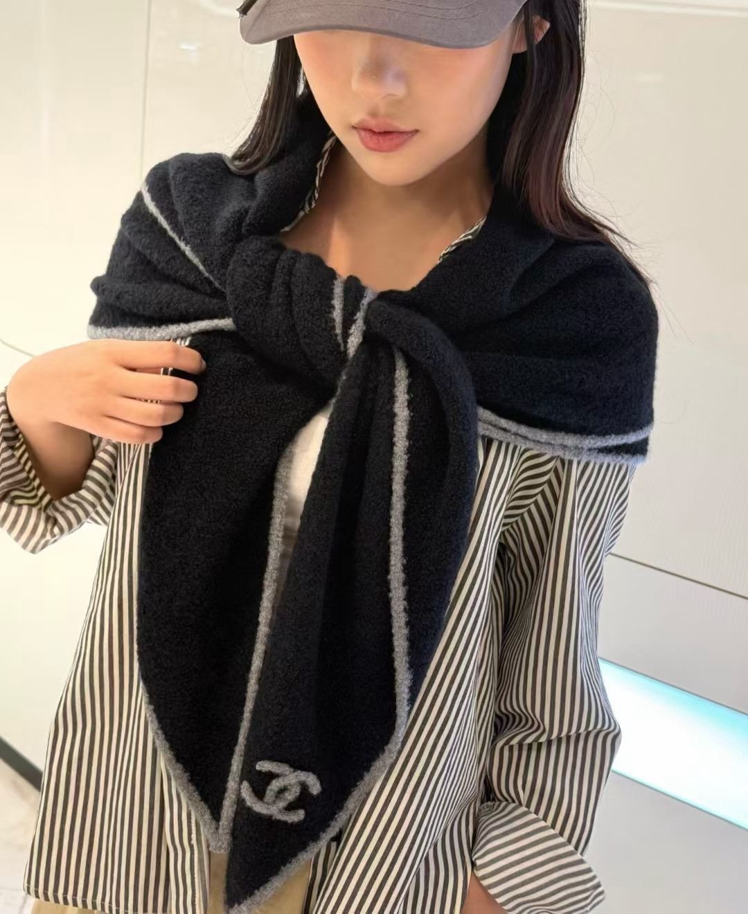 Chanel Black Triangle Scarf with White Trim